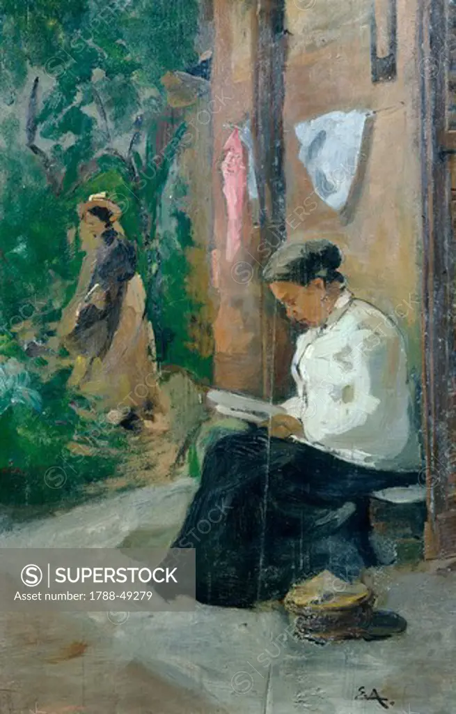 Woman reading outside the door of the house (the artist's wife), by Ezechiele Acerbi (1850-1920), oil on wood, 42x48 cm.