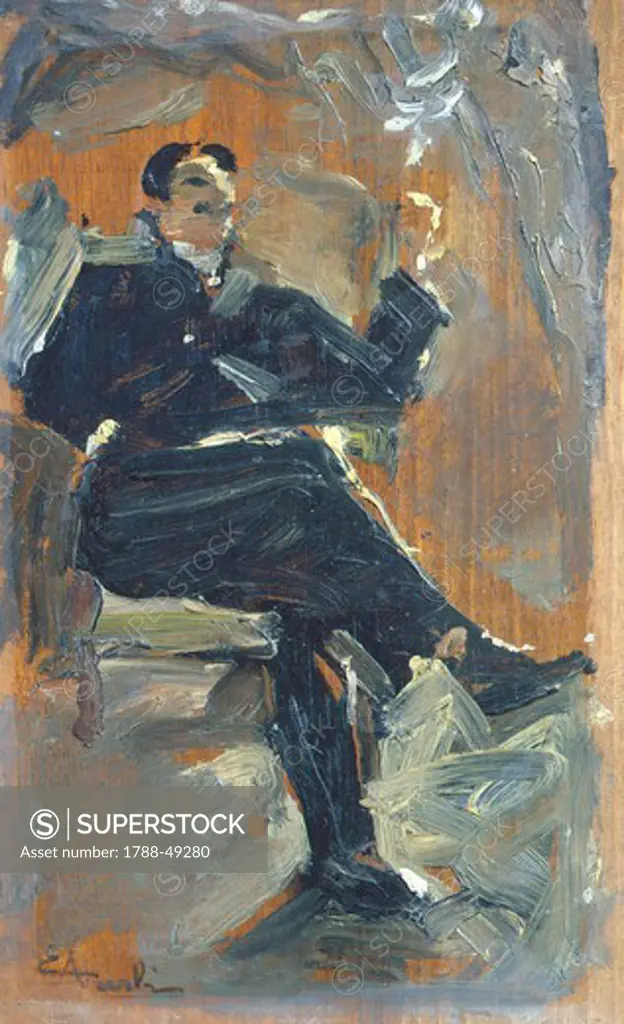 Joseph Radlinski smoking, by Ezechiele Acerbi (1850-1920), oil painting, 16x10 cm.