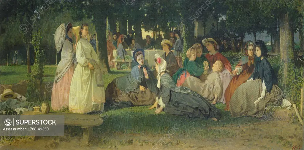 Recreation at the Cascine Park, 1863, by Michele Tedesco (1834-1917). Pergentina School, 19th century.