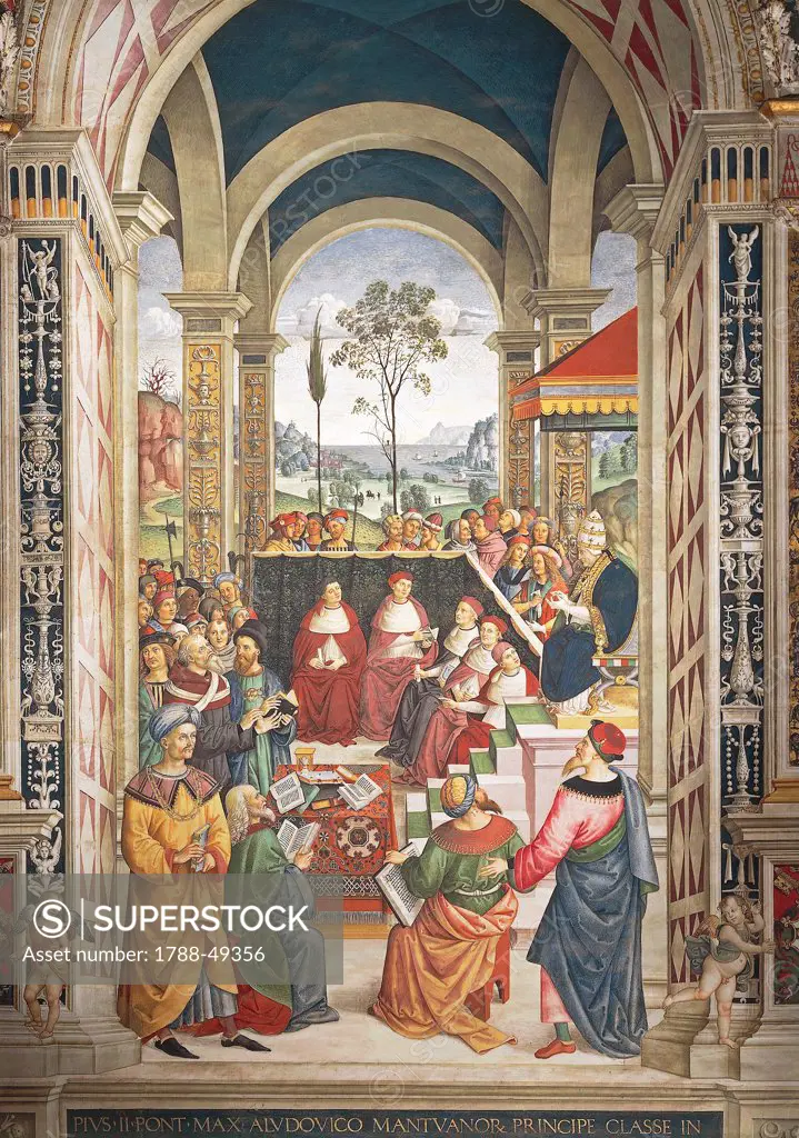 Pius II convened in Mantova for the diet organized to plan the Crusade against the Turks, detail of the the Stories of Pius II, 1503-1508, by Bernardino Pinturicchio (ca 1452-1513), fresco. Piccolomini Library, Siena Cathedral.
