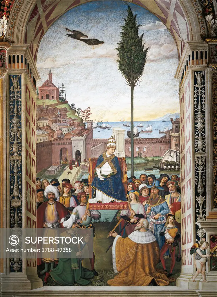 Stories of Pius II: Pius II arrives in Ancona to hasten the Crusade, 1503-1508, by Bernardino Pinturicchio (ca 1452-1513), fresco. Piccolomini Library, Siena Cathedral.