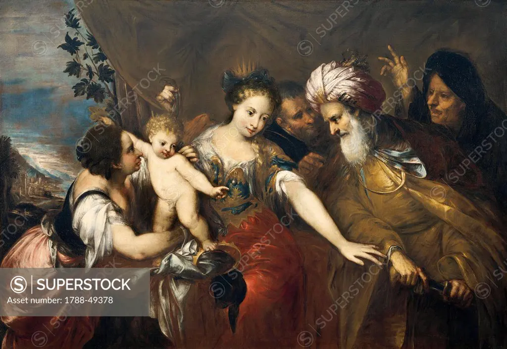Baby Moses stamping on the Pharaoh's crown, by Andrea Celesti (1637-1712), oil on canvas, 198x136 cm.