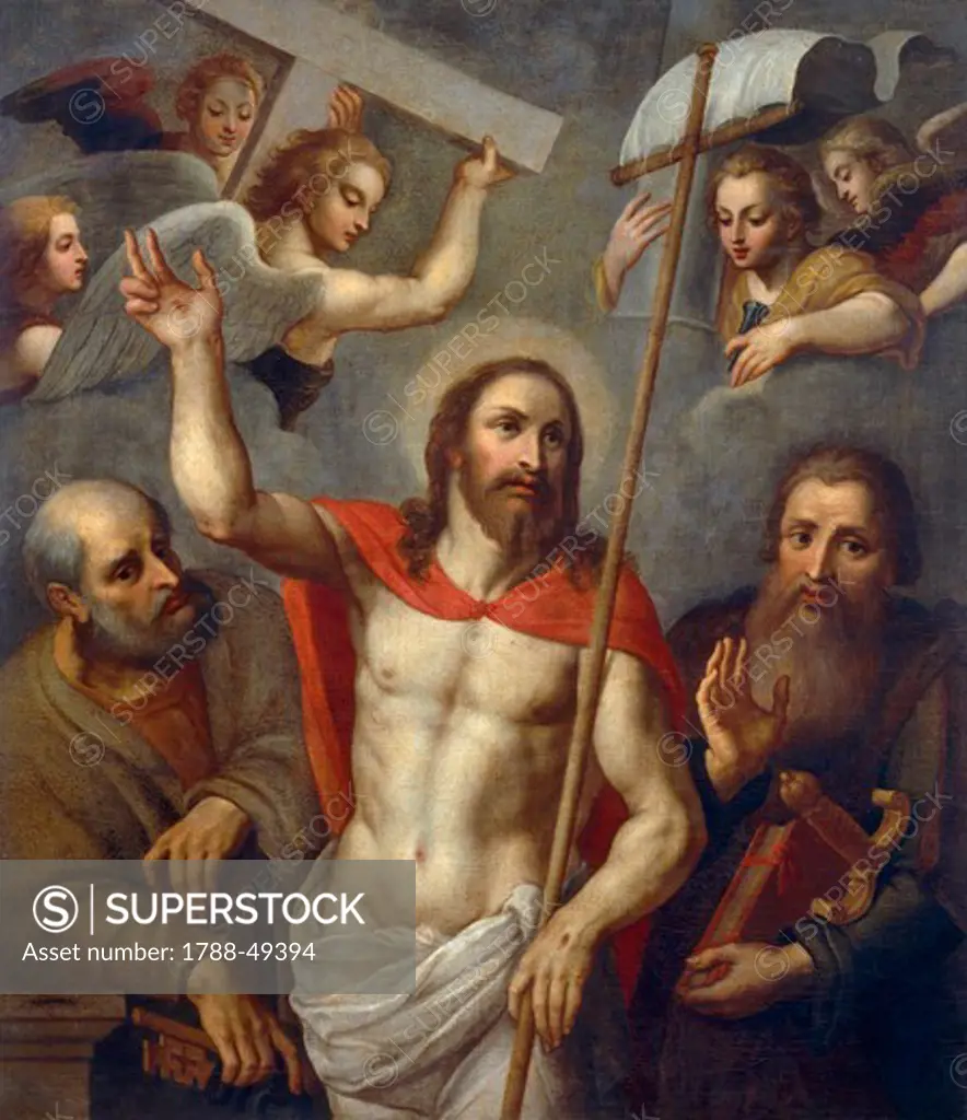 Risen Christ between Saints Peter and Paul, 16th century, artist from the Lombard school, oil on canvas, 138x120 cm.