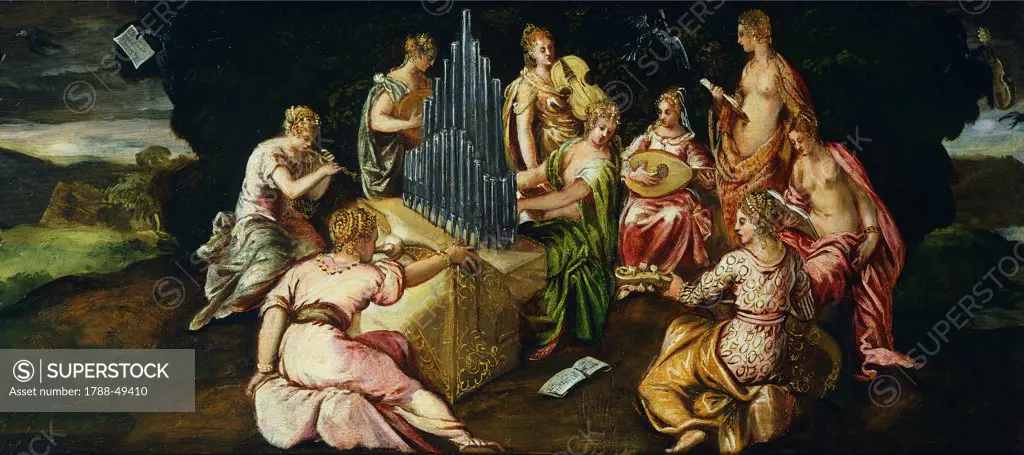 The contest between the Muses and the Pierides, by Jacopo Robusti known as Tintoretto (1519-1594), oil on panel, 46x91 cm.
