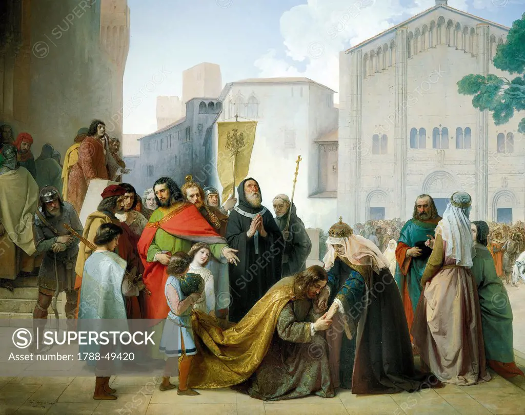 Reconciliation of Otto II with his mother Adelaide of Burgundy, 1858, by Francesco Hayez (1791-1882), oil on canvas, 162x209 cm.