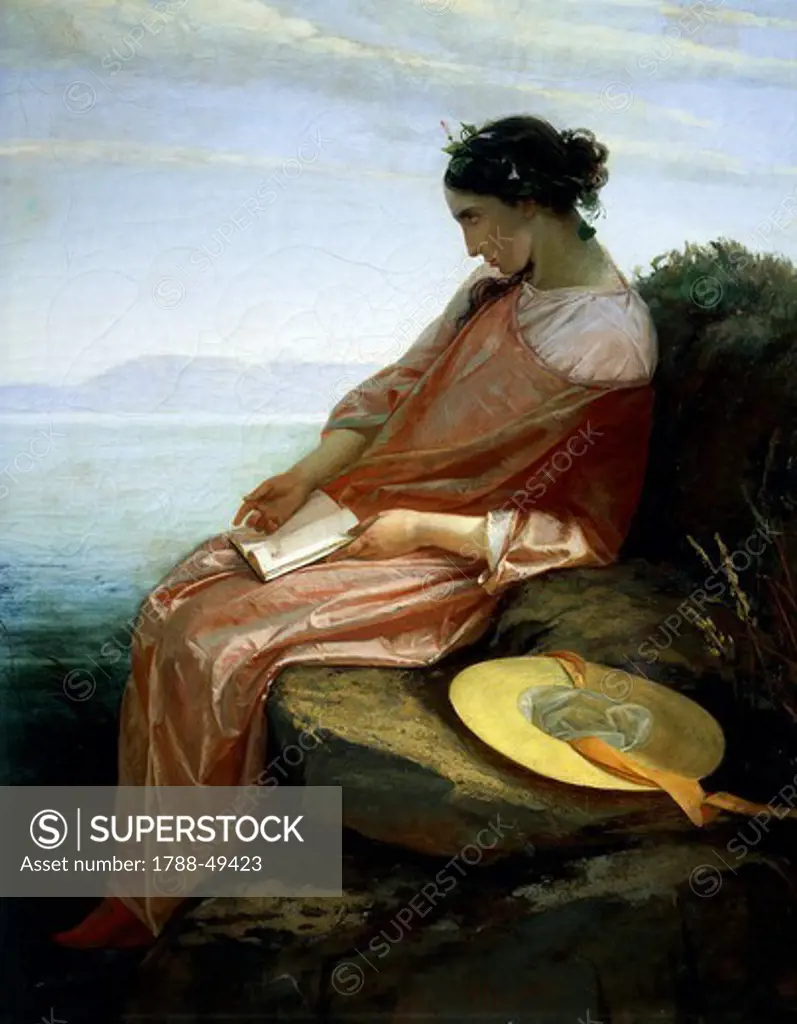 Woman sitting on a rock or Melancholy, 1850, by Paolo Fagnani (19th Century), oil on canvas, 96x74 cm.
