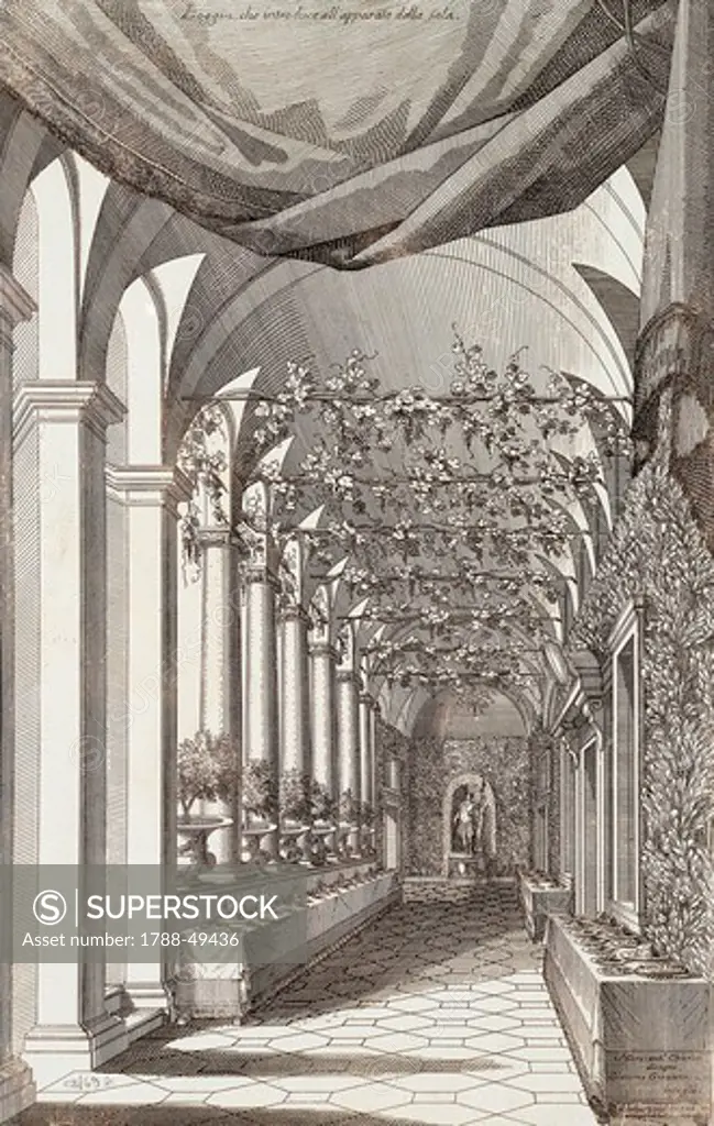 Loggia leading to the Banquet Hall for Senator Francesco Ratta at the end of his gonfaloniership, 28 February 1693, engraving.
