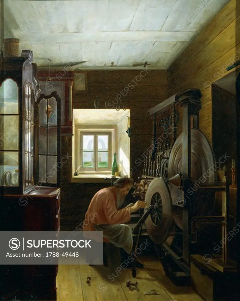 Adjusting the Machine, 1859, by Mikhail Efimovich Golavanov (1830-1880), oil on canvas, 45x36 cm.