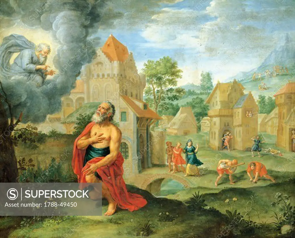 God warning Noah about the flood, 17th century, Flemish painting, painting on copper.