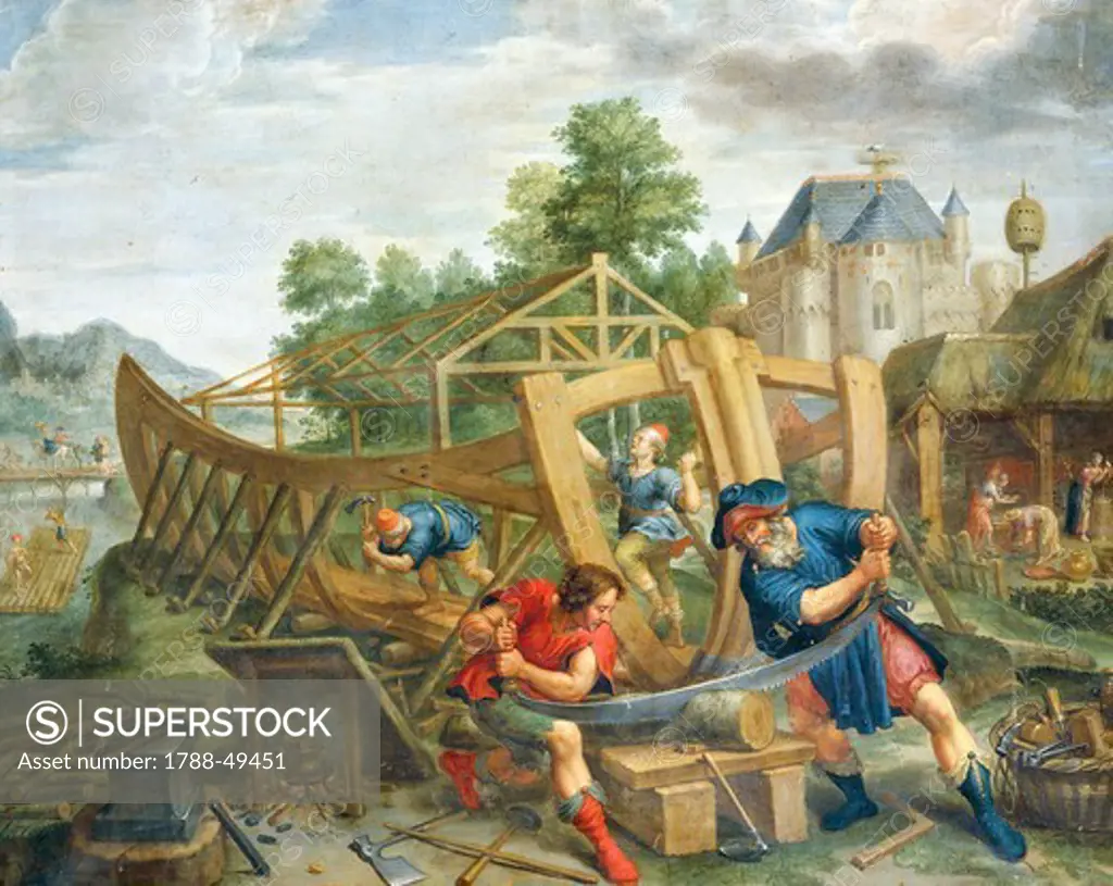 Building the ark, 17th century, Flemish painting, painting on copper.