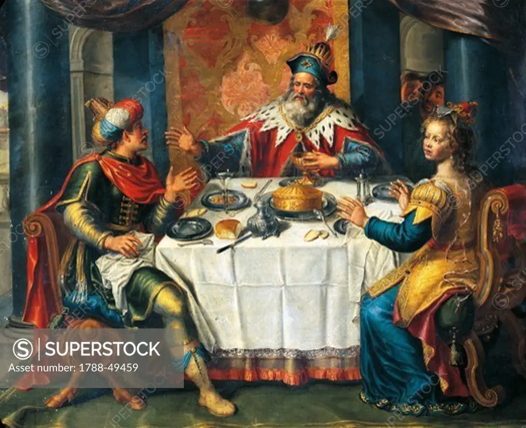 The banquet given by King Ahasuerus to Esther and Haman, 17th century, Flemish painting, copper.