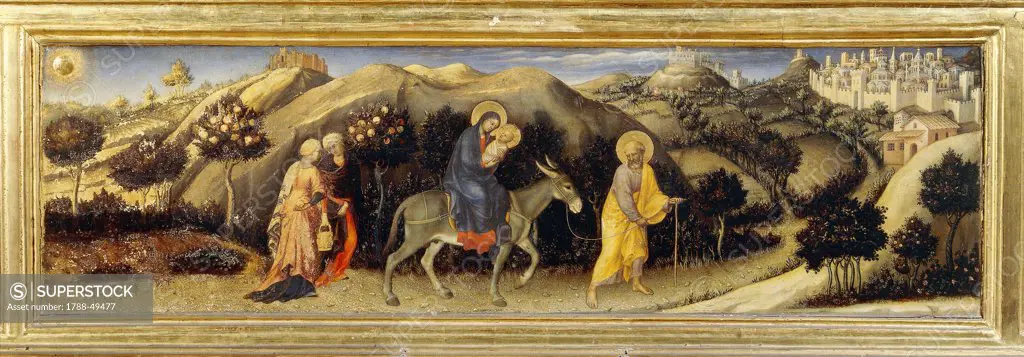 The Flight into Egypt, detail of the predella of the Adoration of the Magi, or Strozzi Altarpiece, 1423, by Gentile da Fabriano (1370-ca 1427), tempera on wood, 203x282 cm.