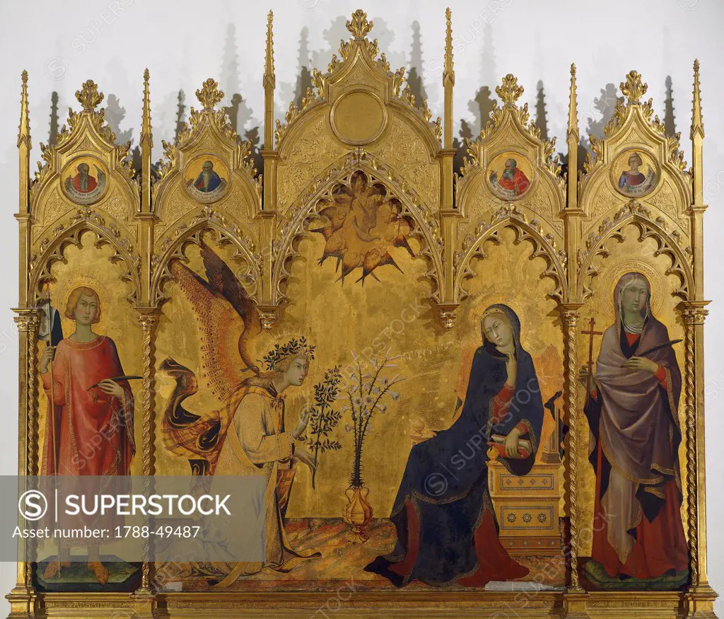 Annunciation with St Ansano and St Massima, 1333, by Simone Martini (1283-1344) and Lippo Memmi (active from 1317 to 1356), painted polyptych stamped in gold leaf, tempera on wood, carved and gilded wood, 265x305 cm.