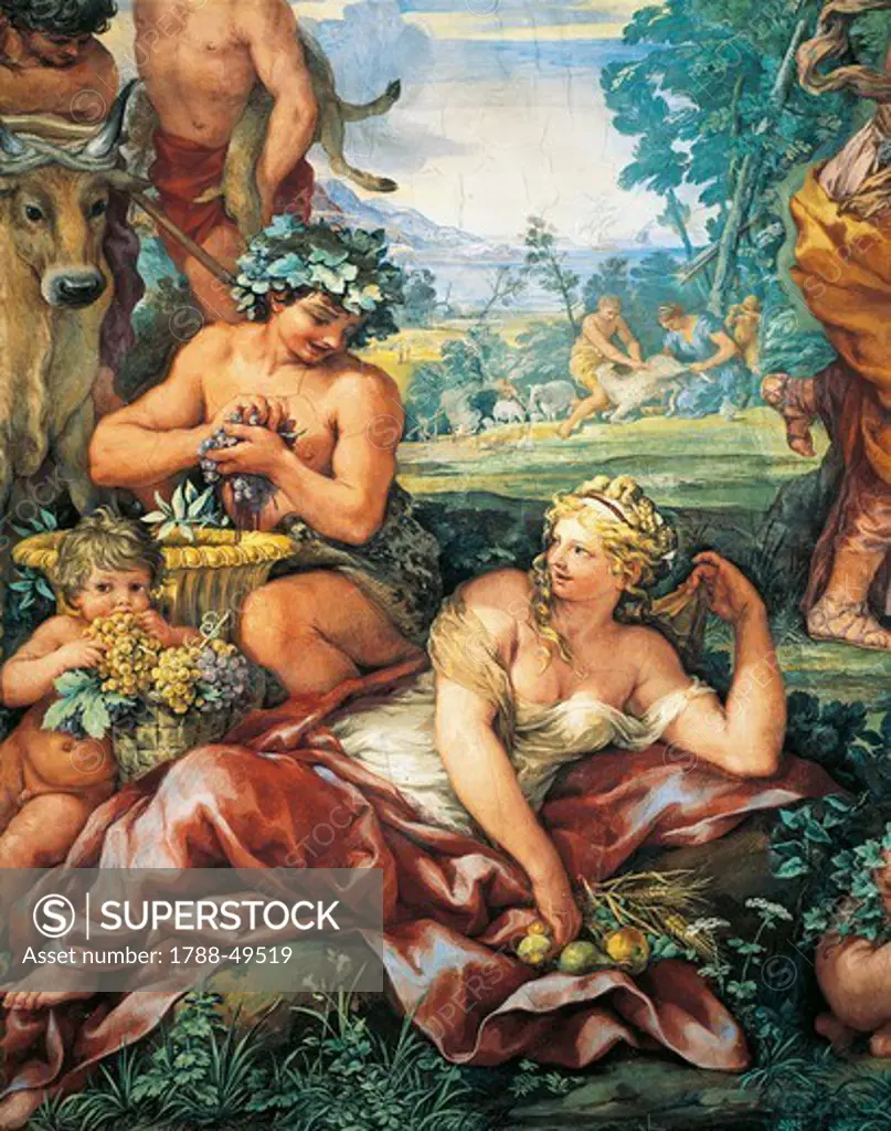 The Silver Age or rather the quiet life devoted to sheep farming and agriculture, detail from The Four Ages of Man, 1637-1640, by Pietro da Cortona (1596-1669), fresco. Detail. Stove Room in the Palatine Gallery, Palazzo Pitti, Florence.