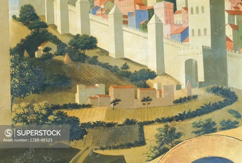 View of Jerusalem, detail from The Deposition from the Cross or the Altarpiece of the Holy Trinity, ca 1432, by Giovanni da Fiesole known as Fra Angelico (1400-ca 1455), tempera on wood, 176x185 cm.
