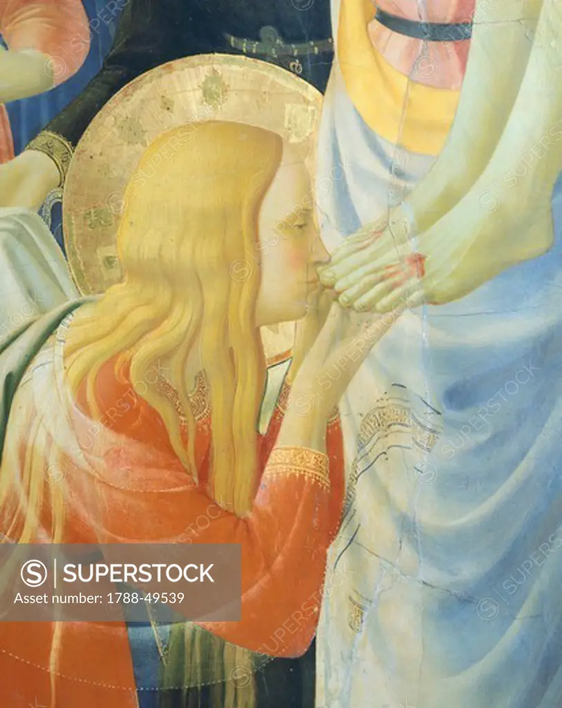 Mary Magdalene kissing Jesus' feet, detail from The Deposition from the Cross or the Altarpiece of the Holy Trinity, ca 1432, by Giovanni da Fiesole known as Fra Angelico (1400-ca 1455), tempera on wood, 176x185 cm.
