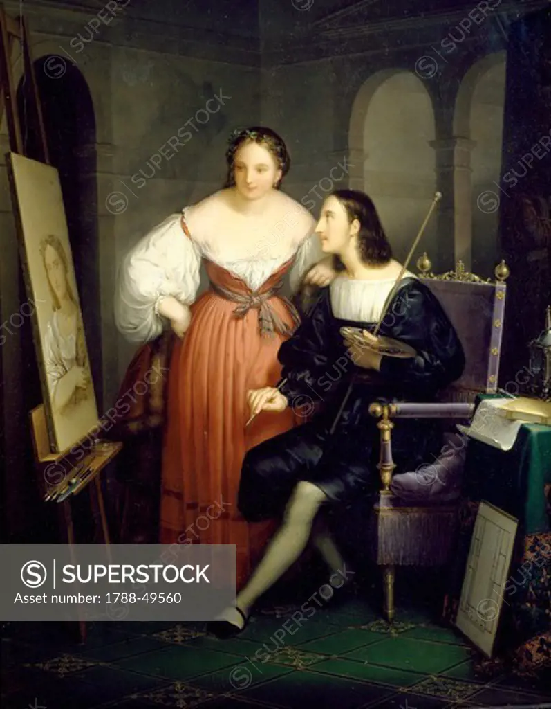 Raphael painting the Fornarina, 1834, by Felice Schiavoni (1803-1881), oil on canvas, 70x53 cm.