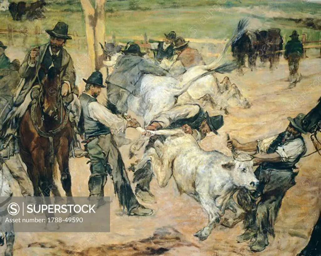 Branding of young bulls in Maremma, ca 1887, by Giovanni Fattori (1825-1908), 86x172 cm. Detail.