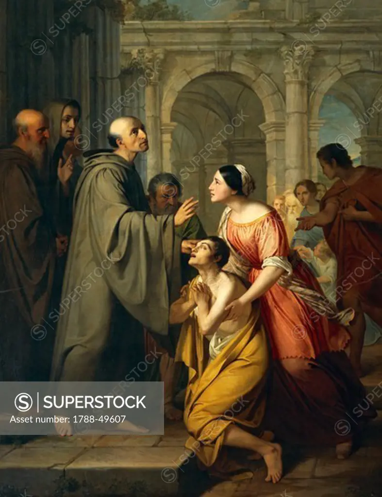 St Mauro Abbot giving sight to a young blind man, 1835, by Adeodato Malatesta (1806-91), oil on canvas, 260x167 cm.