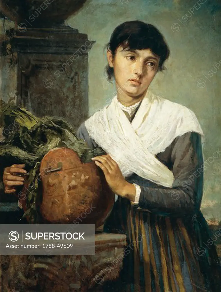 Young girl with a bucket of vegetables, by Marcello Beri (1868-1906), oil on canvas, 96x72 cm.