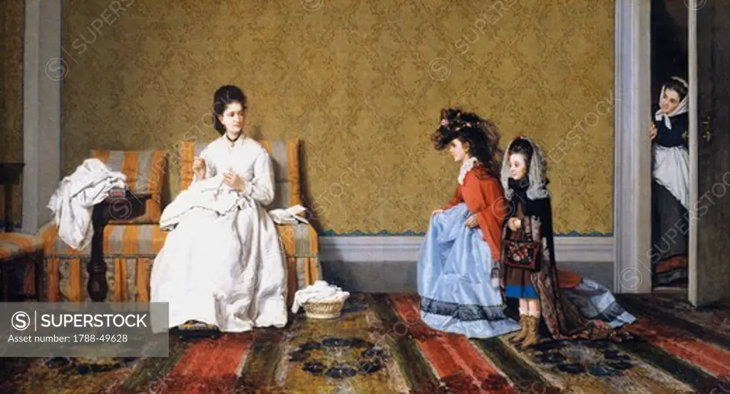 Girls tending to ladies, by Silvestro Lega (1826-1895), oil on canvas, 59x111 cm.