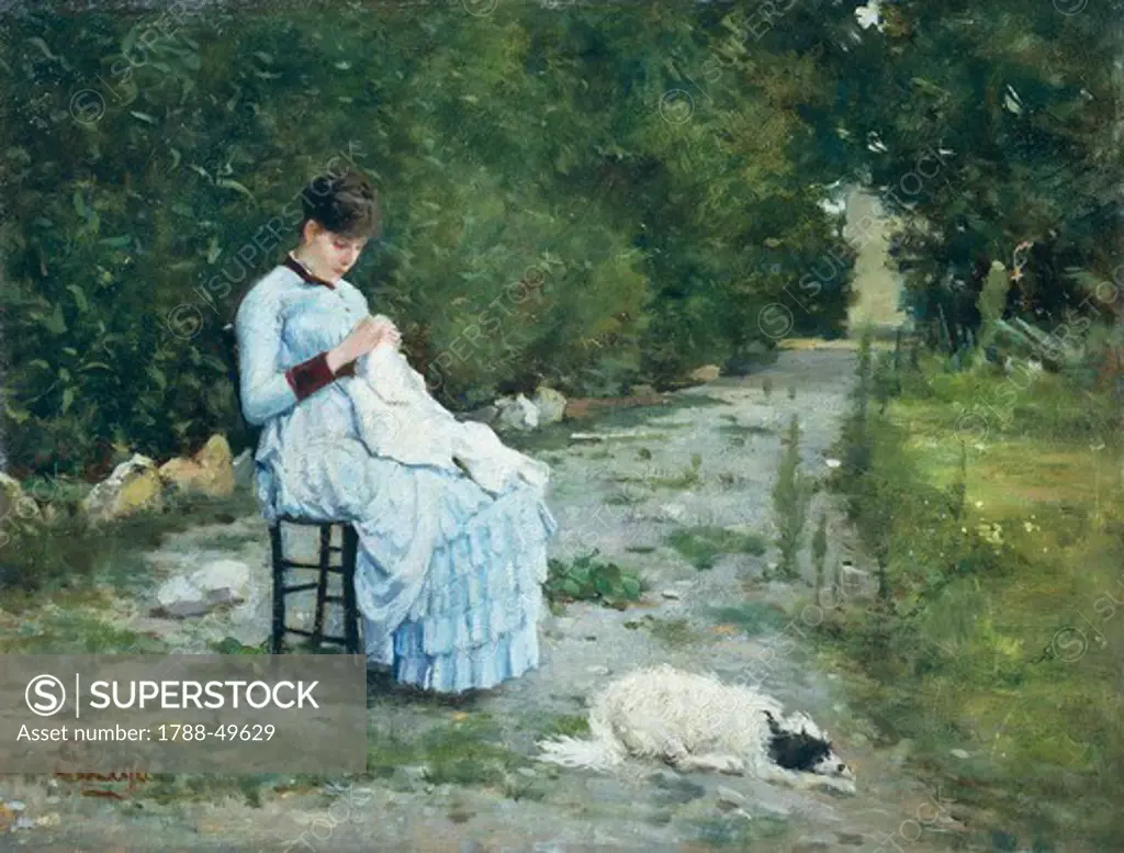 In the garden, by Silvestro Lega (1826-1895), oil on panel, 29x38 cm.