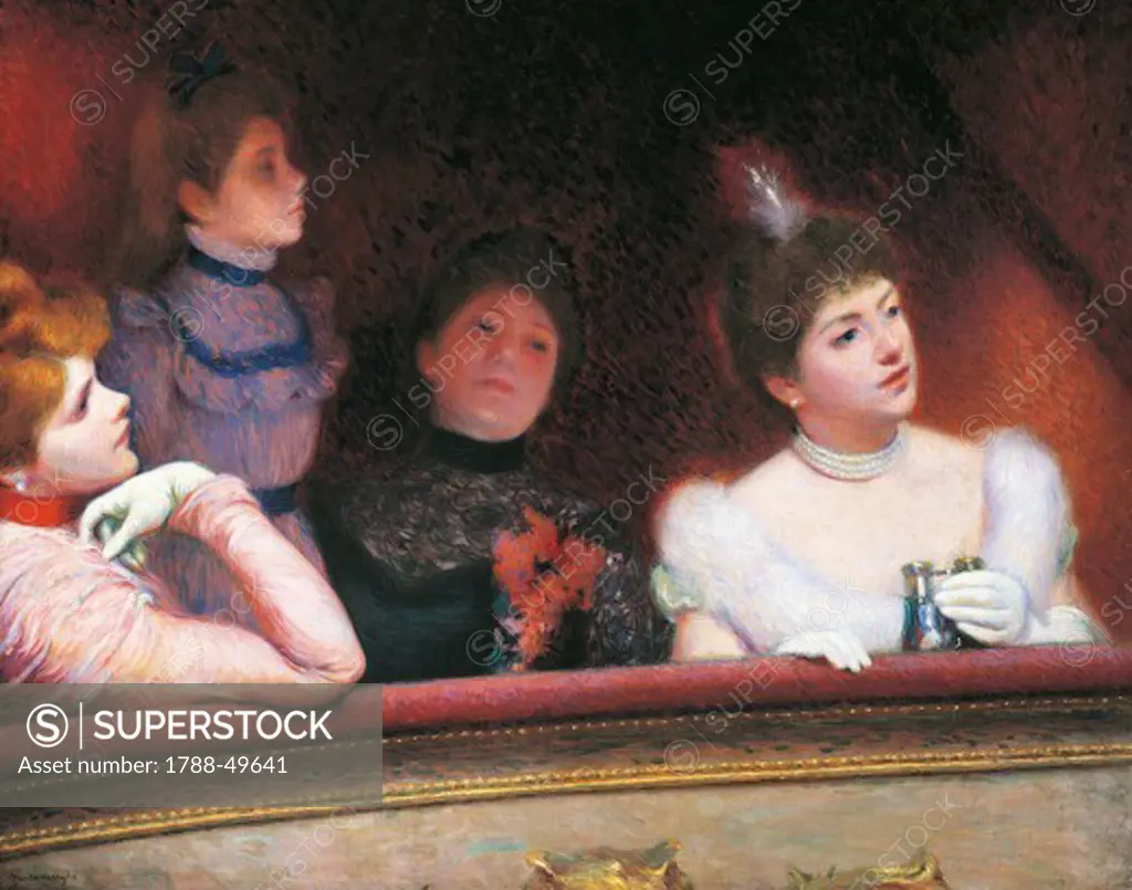 The stage or Au Theatre, 1885-1895, by Federico Zandomeneghi (1841-1917), oil on canvas, 71x88 cm. Detail.