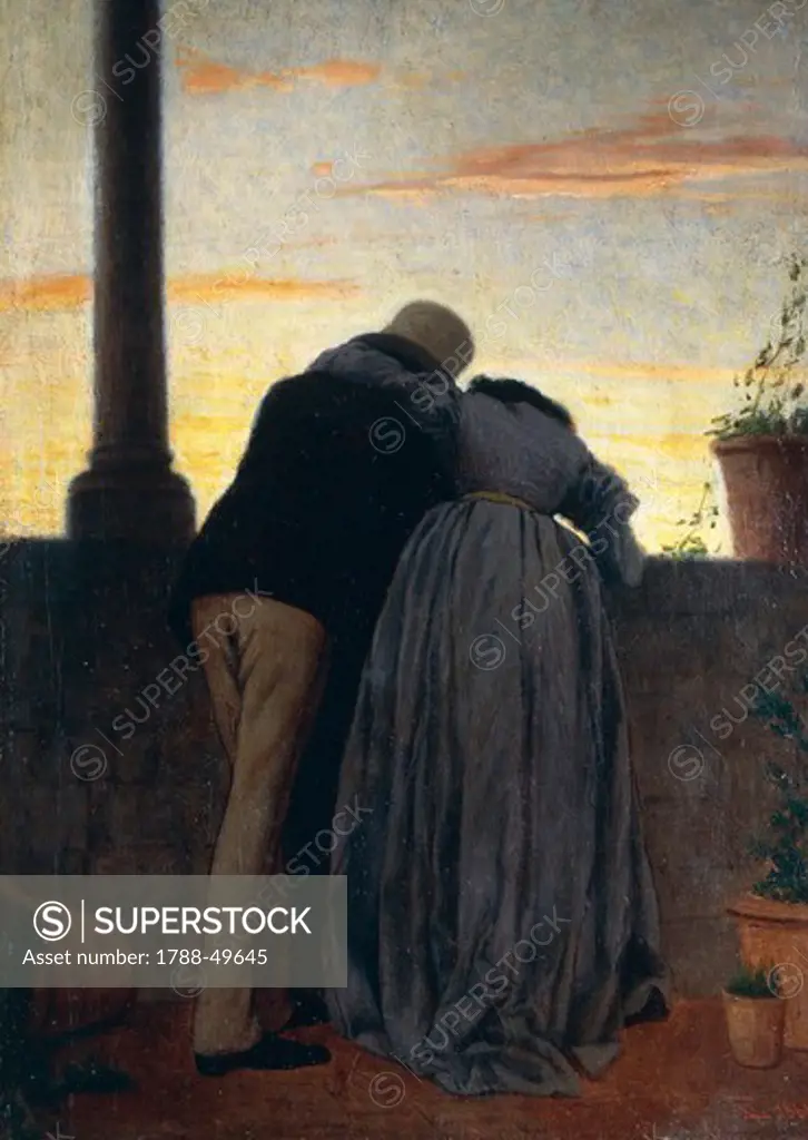 Lovers on the balcony, 1866, by Federico Zandomeneghi (1841-1917), oil on wood, 37.5x25.8 cm.