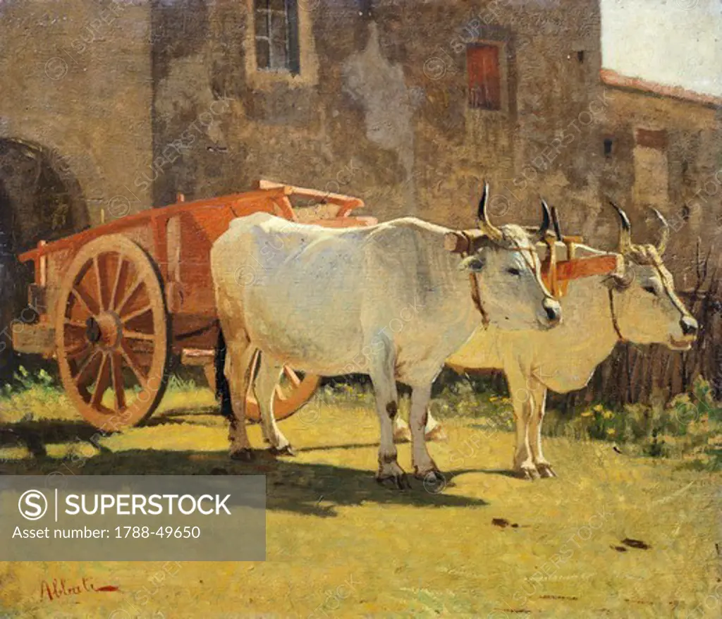 Oxen and a wagon, by Giuseppe Abbati (1836-1868), oil on panel, 29.5x34 cm.