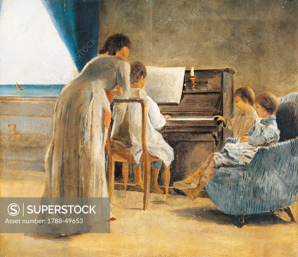 Piano lesson, 1866-1867, by Adriano Cecioni (1836-1886), oil on canvas, 29X34 cm.