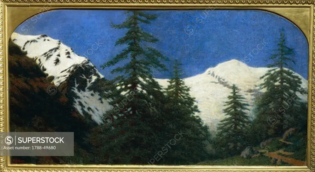 High mountains, 1912, by Angelo Morbelli (1853-1919). Oil on canvas, 125.5x68 cm.