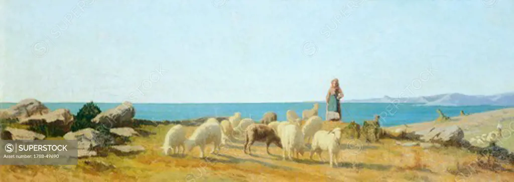 Pasture in Castiglioncello, by Odoardo Borrani (1834-1905), oil on canvas, 30x83.5 cm.