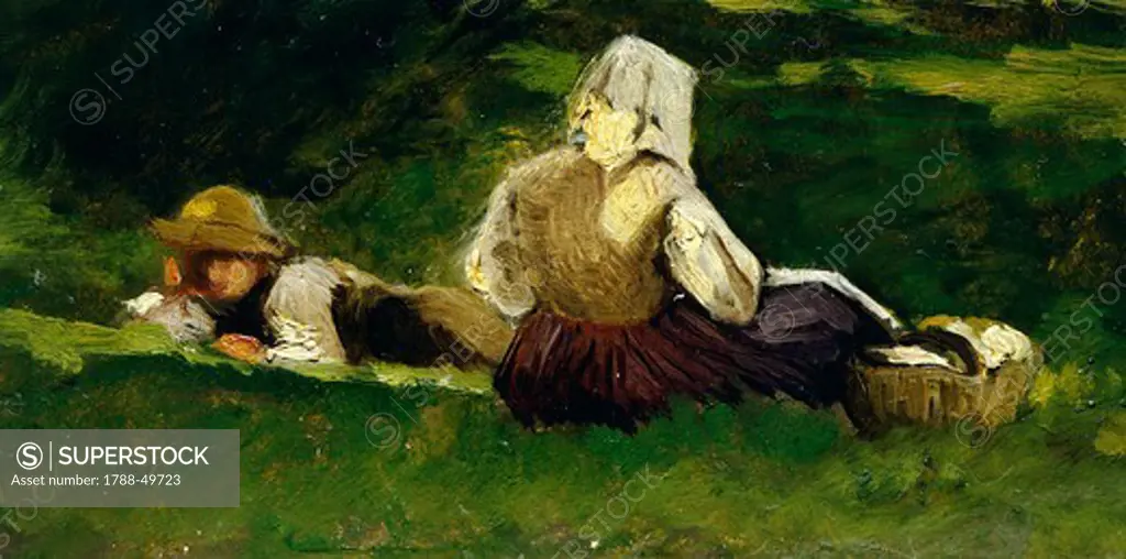 Seated Woman and boy lying on the grass, by Vittorio Avondo (1836-1910).