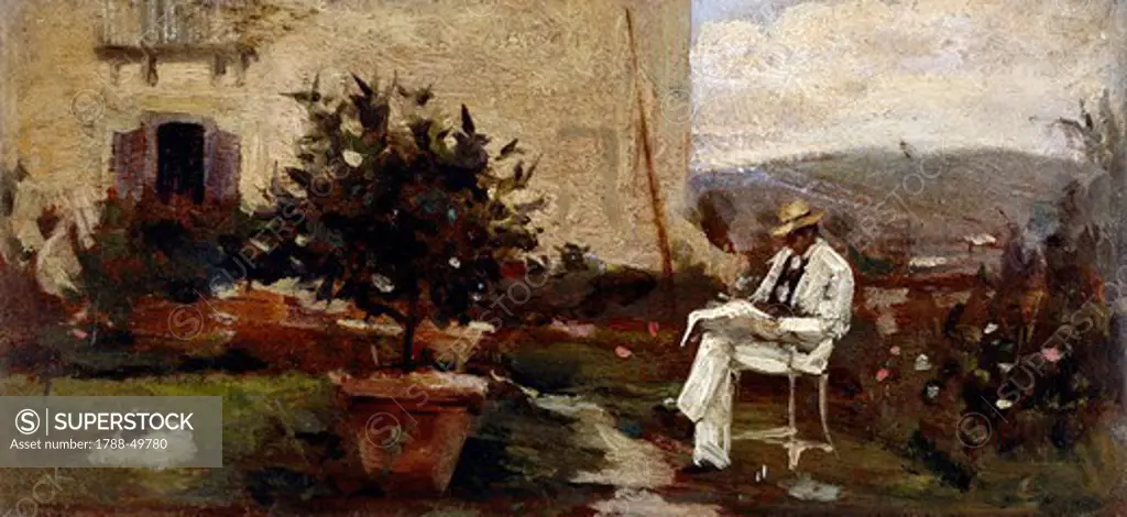Luigi Tommasi in the garden, 1884, by Silvestro Lega (1826-1895), oil on panel, 7x14.5 cm.