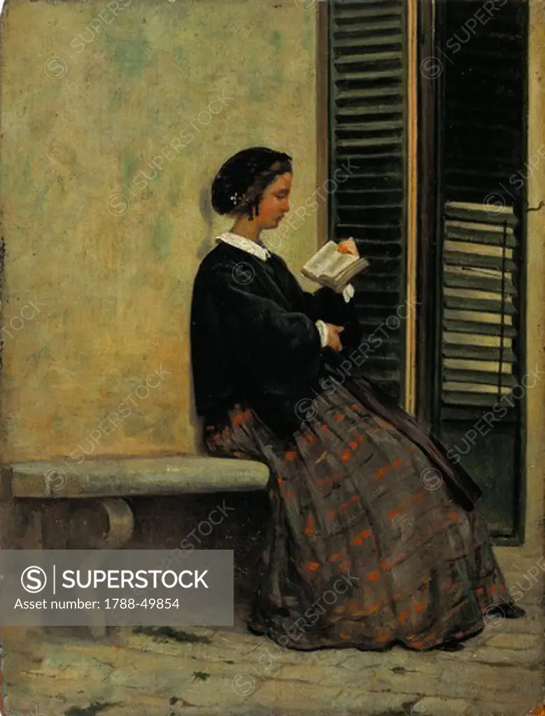 Reading, 1866-67, by Silvestro Lega (1826-1895), oil on cardboard, application on wood.