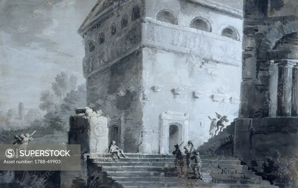 Landscape, by Pietro Piani (1779-1841), watercolor on cardboard, 38x25 cm.