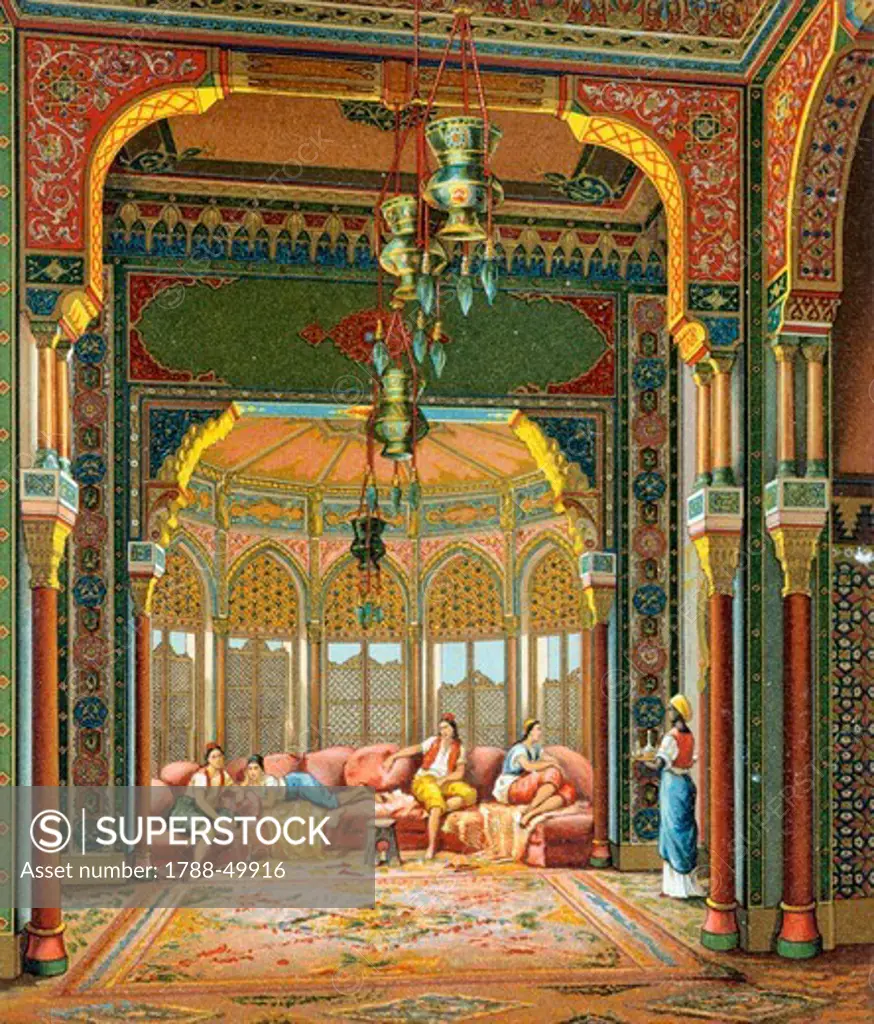 Interior of Turkish building, from Complete Costume History Vol. I by Auguste Racinet, 1888, Turkey 19th century. Lithograph.
