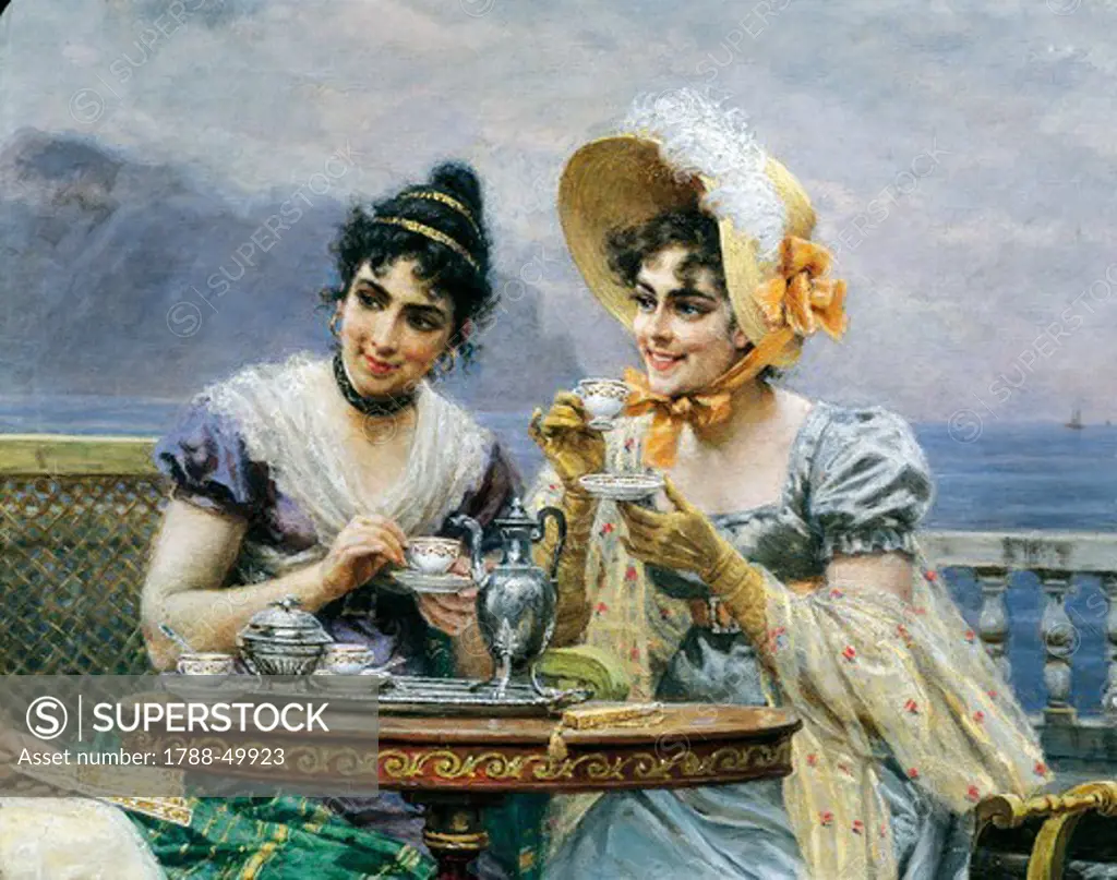 Gallant conversation, 1894, by Bartolomeo Giuliano (1825-1909), oil on canvas, 113x156 cm. Detail