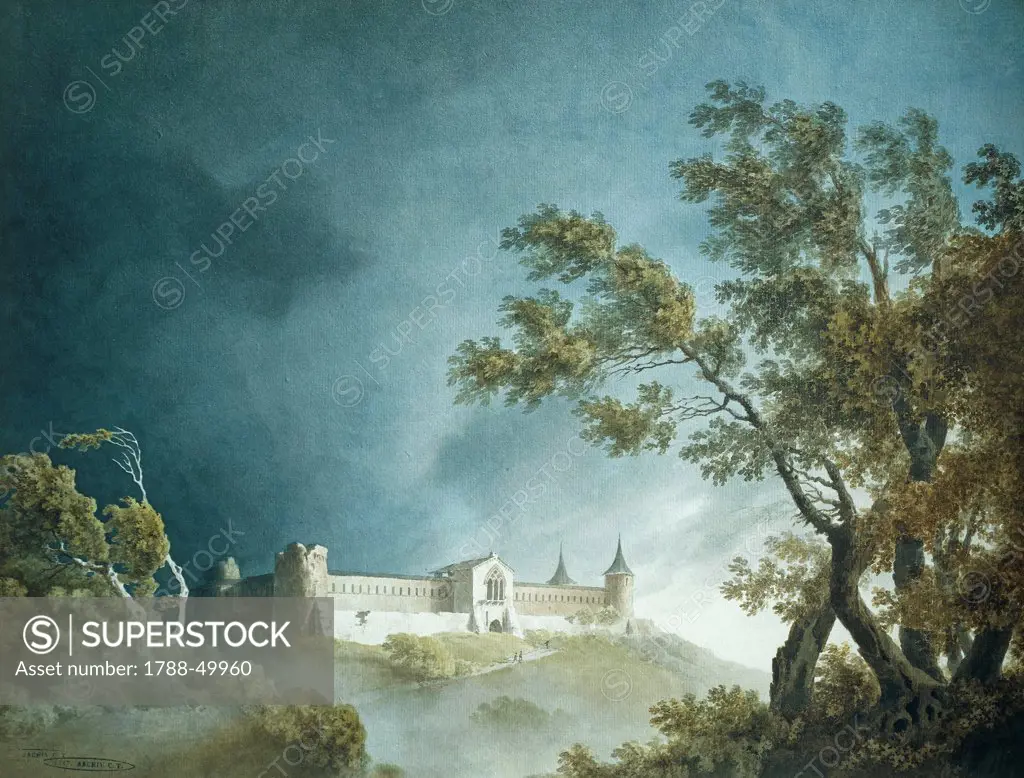 Landscape during a storm with a castle with four towers in the background, 1803, by Giovanni Battista de Gubernatis (1774-1837), watercolor on paper.