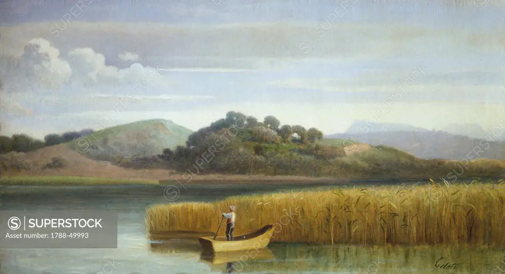 Boat in the reeds, by Lorenzo Gelati (1824-1893), oil on canvas, 38x70 cm.