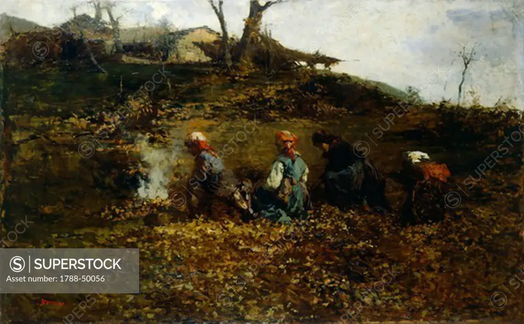 Peasants burning leaves, by Leonardo Bazzaro(1853-1937), oil on canvas, 101x161 cm.
