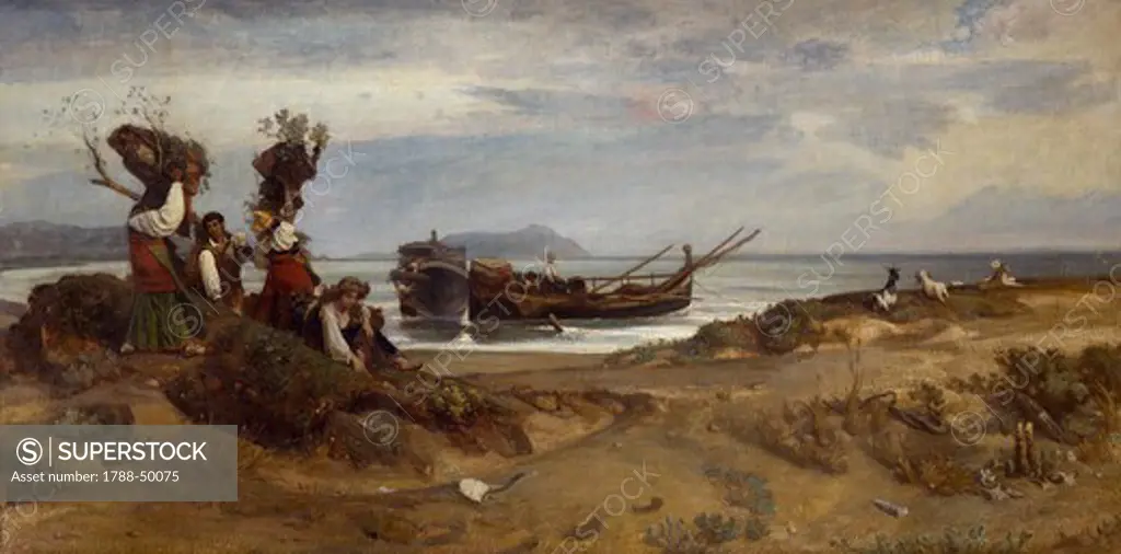 Women carrying wood in the port of Anzio, 1852, Giovanni, known as Nino Costa (1826-1903).