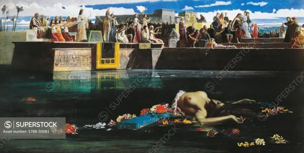 The sacrifice of a virgin to the Nile, 1865, by Federico Faruffini (1831-1869), oil on canvas, 125x243 cm.