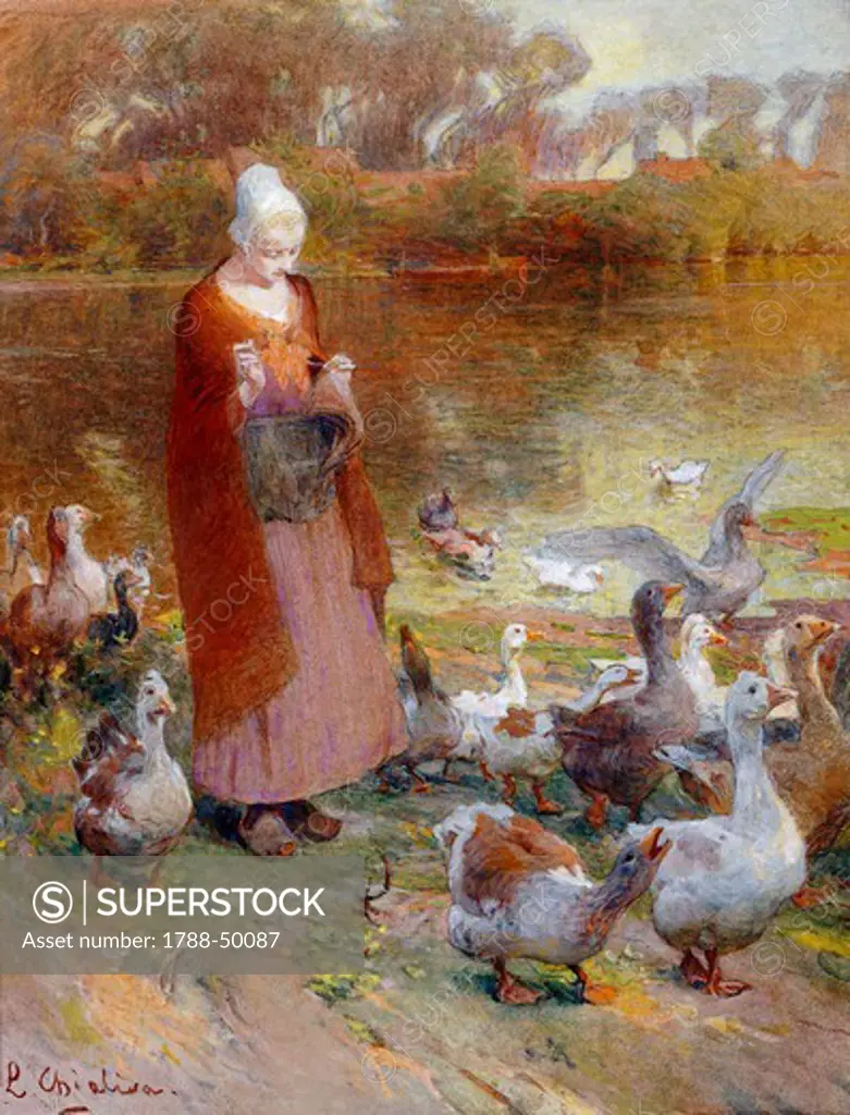 Shepherdess and turkeys, by Luigi Chialiva (1842-1914), oil on panel.