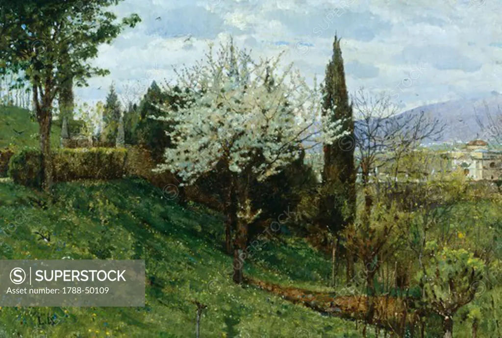 Almond Blossom (Pax), by Luigi Nono (1850-1918), oil on panel, 40x28 cm.