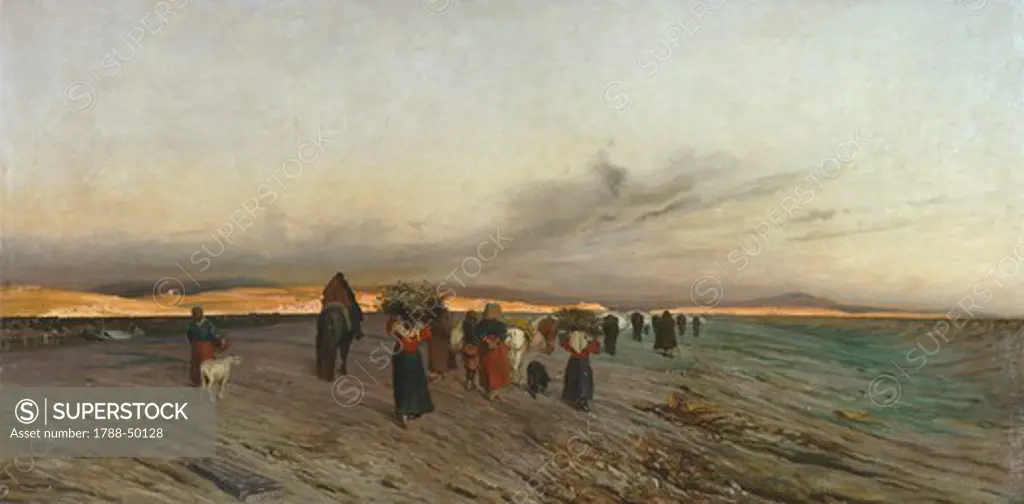 Return from pasture at sunset, by Alfredo D'Andrade (1839-1915), 75x150 cm.
