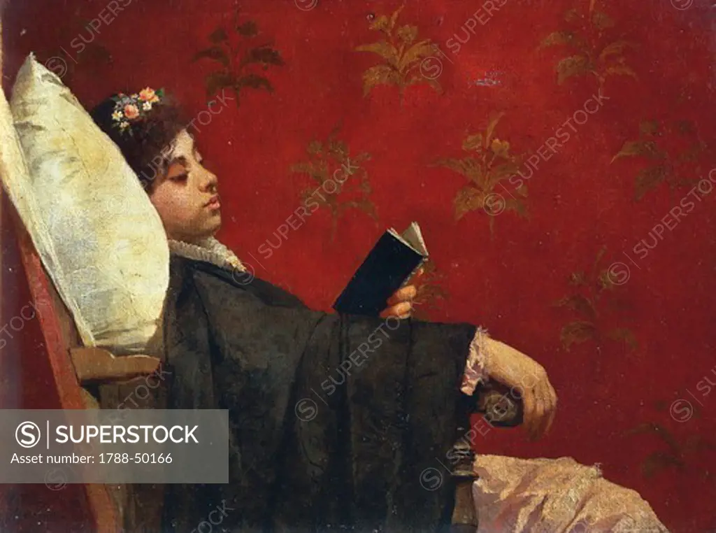 The reader, Woman lying down and reading, 1870-1875, by Gioacchino Toma (1836-1891), oil on canvas, 31x40 cm.
