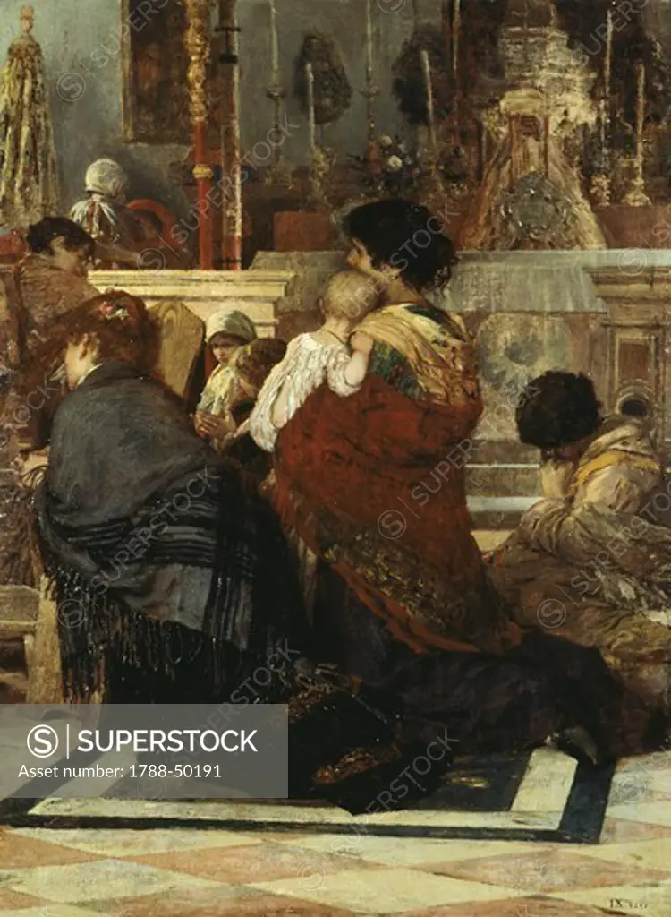 In the church, 1881, by Luigi Nono (1850-1918), oil on canvas, 102x75 cm.