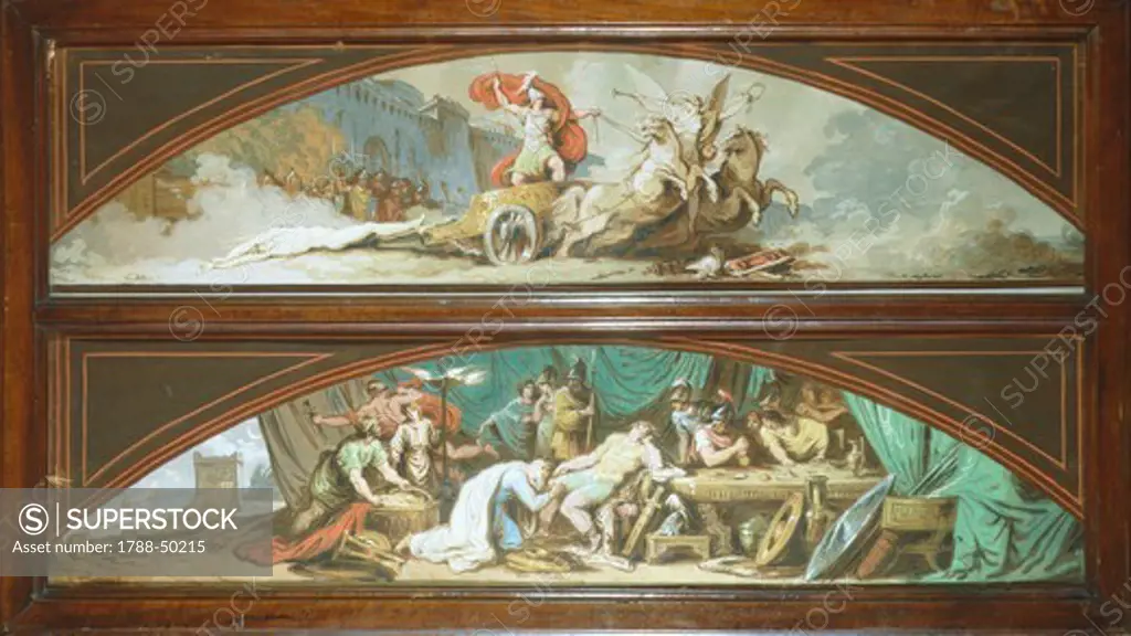 Achilles, victorious, dragging Hector's corpse, Priam begging for the return of Hector's body, sketches for the lunettes of the Hall of Achilles in Palazzo Milzetti in Faenza, 1804, by Felice Giani (1758-1823).