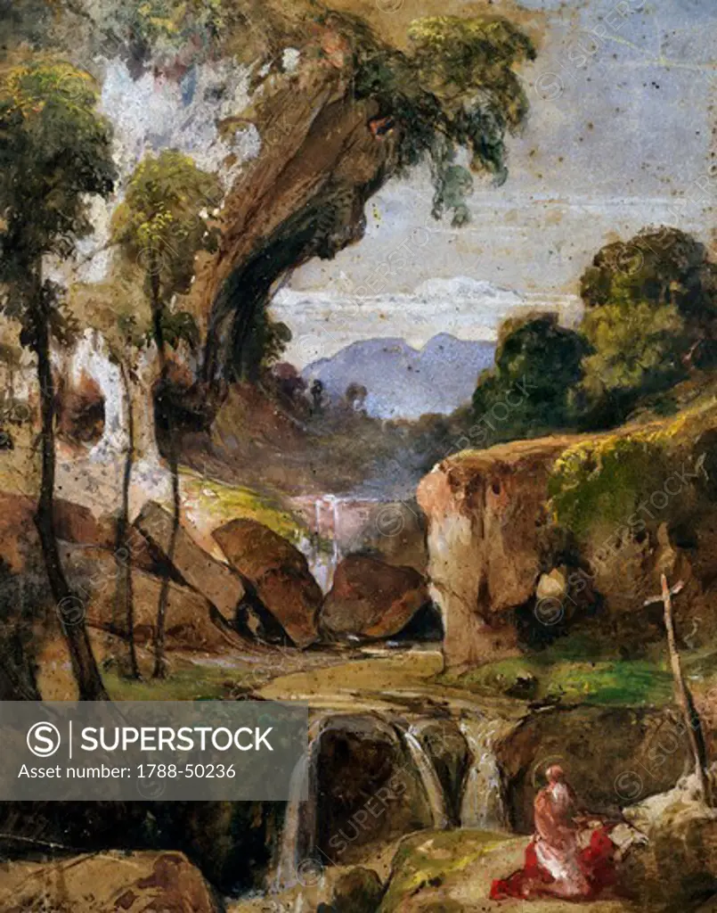 Landscape with St Jerome, 1852, by Giacinto Gigante (1806-1876), watercolour and gouache, 33x42 cm.